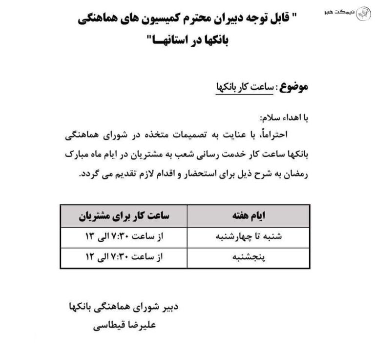 طبق اعلام شورای هماهنگی بانک ها،ساعت کاری بانک ها در ماه رمضان کاهش یافت