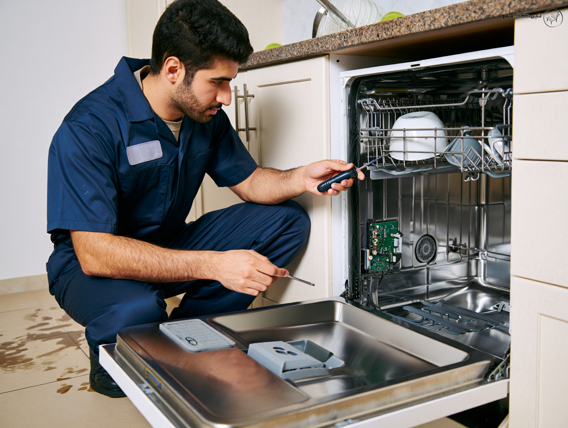 تصویر تکنسین تعمیرات جو در حال تعمیر ماشین ظرفشویی در رشت تصویر تکنسین تعمیرات جو در حال تعمیر ماشین ظرفشویی در رشت